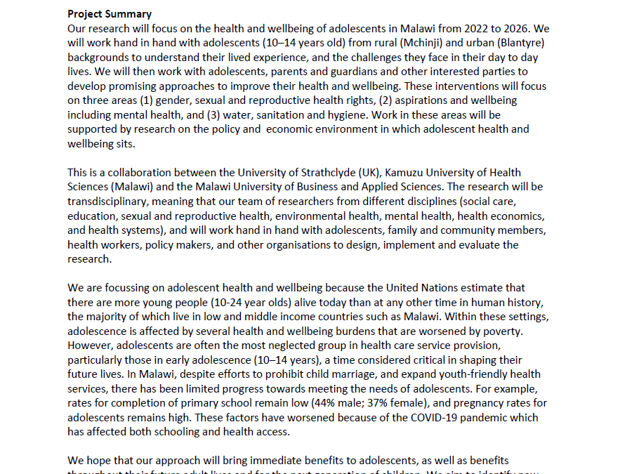 NIHR Adolescent Health Project-Summary